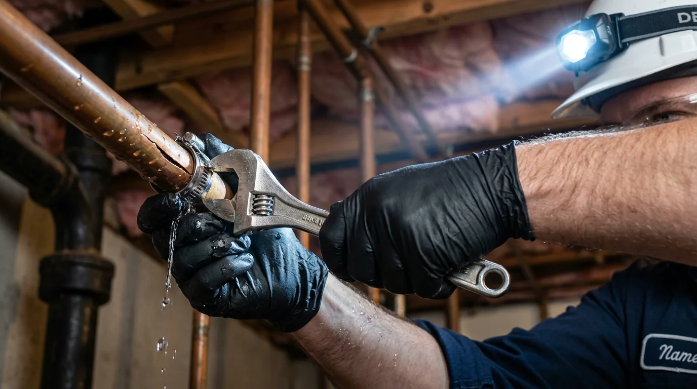 Emergency pipe clamp repair being performed by a Johns Plumbing LLC plumber in Pilot Rock