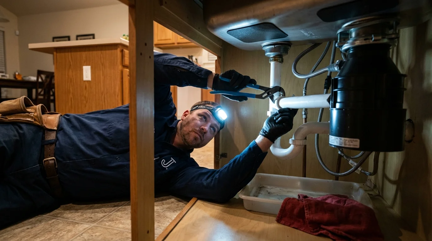 P-trap and supply line connections under a kitchen sink showing a common leak point in Pilot Rock, OR